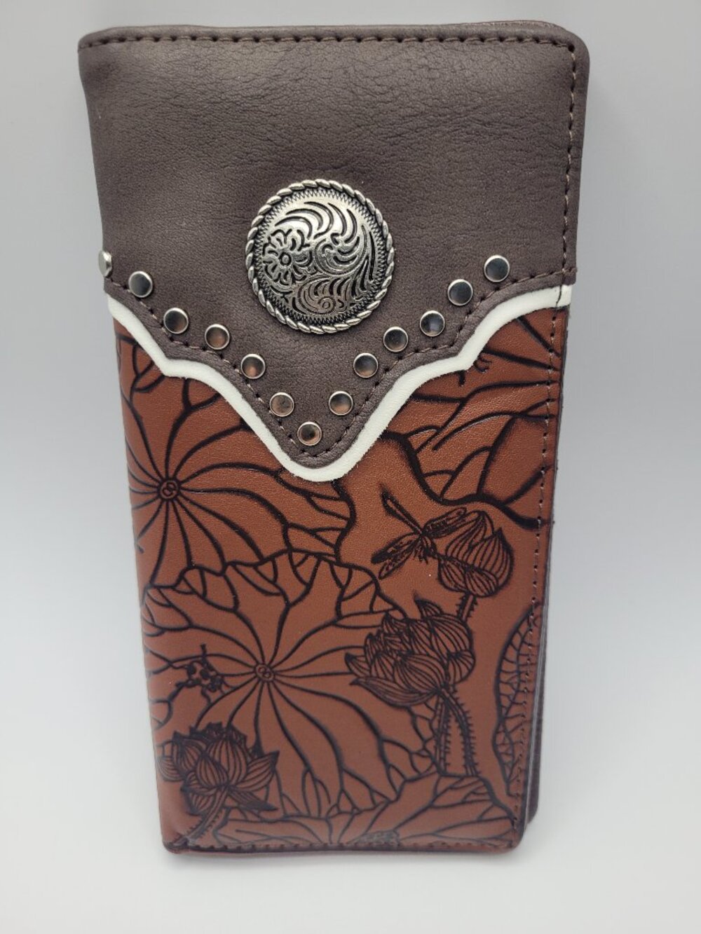 Bifold Wallet Embossed Western Style Vegan Leather Brown W/Medallion & Studs - Picture 1 of 6